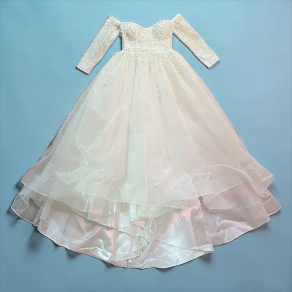 SOLD - Off-Shoulder Long Sleeve Beaded Ball Gown Wedding Dress - White